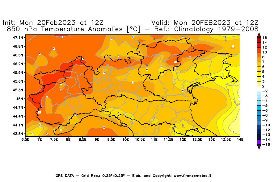 Mappa di analisi GFS - Anomalia Temperatura [°C] a 850 hPa in Nord-Italia
							del 20/02/2023 12 <!--googleoff: index-->UTC<!--googleon: index-->
