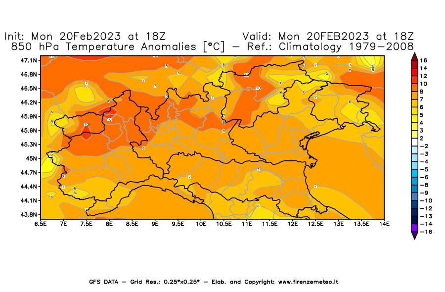Mappa di analisi GFS - Anomalia Temperatura [°C] a 850 hPa in Nord-Italia
							del 20/02/2023 18 <!--googleoff: index-->UTC<!--googleon: index-->