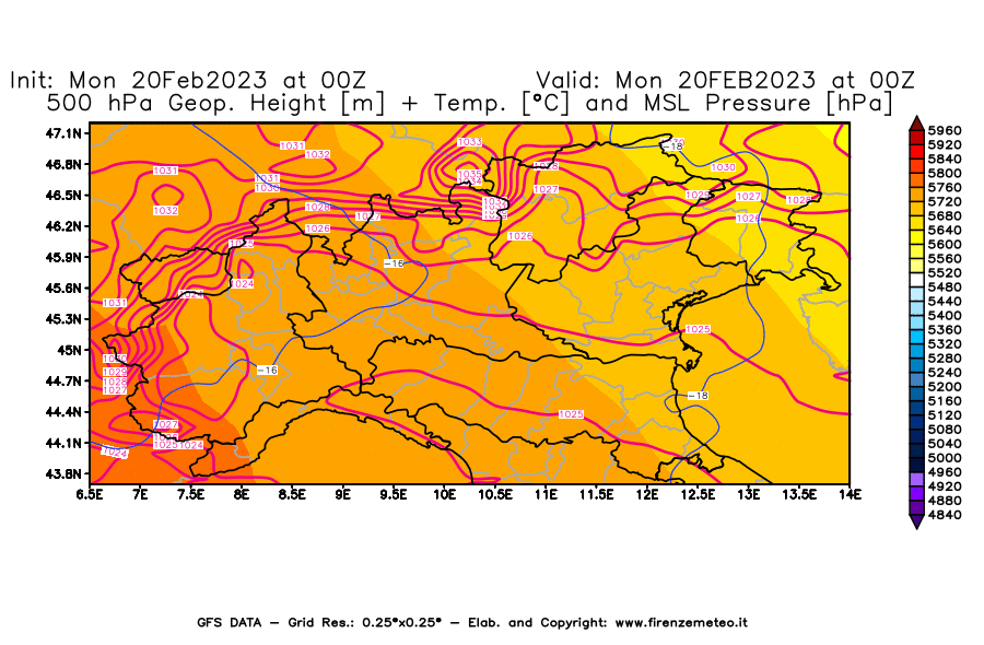 Mappa di analisi GFS - Geopotenziale [m] + Temp. [°C] a 500 hPa + Press. a livello del mare [hPa] in Nord-Italia
							del 20/02/2023 00 <!--googleoff: index-->UTC<!--googleon: index-->
