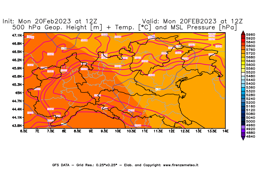 Mappa di analisi GFS - Geopotenziale [m] + Temp. [°C] a 500 hPa + Press. a livello del mare [hPa] in Nord-Italia
							del 20/02/2023 12 <!--googleoff: index-->UTC<!--googleon: index-->