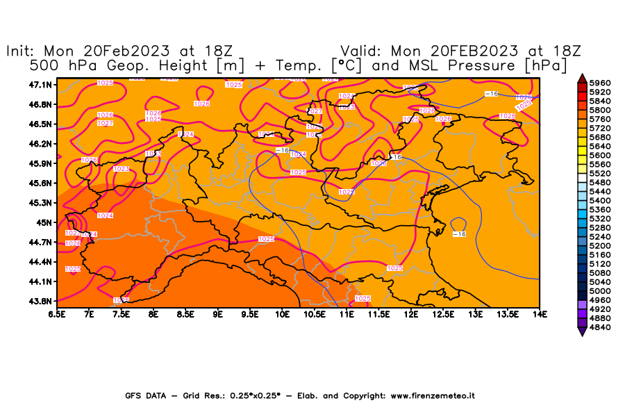 Mappa di analisi GFS - Geopotenziale [m] + Temp. [°C] a 500 hPa + Press. a livello del mare [hPa] in Nord-Italia
							del 20/02/2023 18 <!--googleoff: index-->UTC<!--googleon: index-->