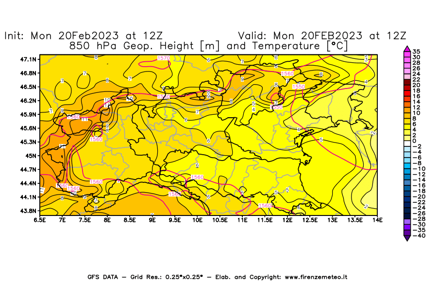 Mappa di analisi GFS - Geopotenziale [m] e Temperatura [°C] a 850 hPa in Nord-Italia
							del 20/02/2023 12 <!--googleoff: index-->UTC<!--googleon: index-->