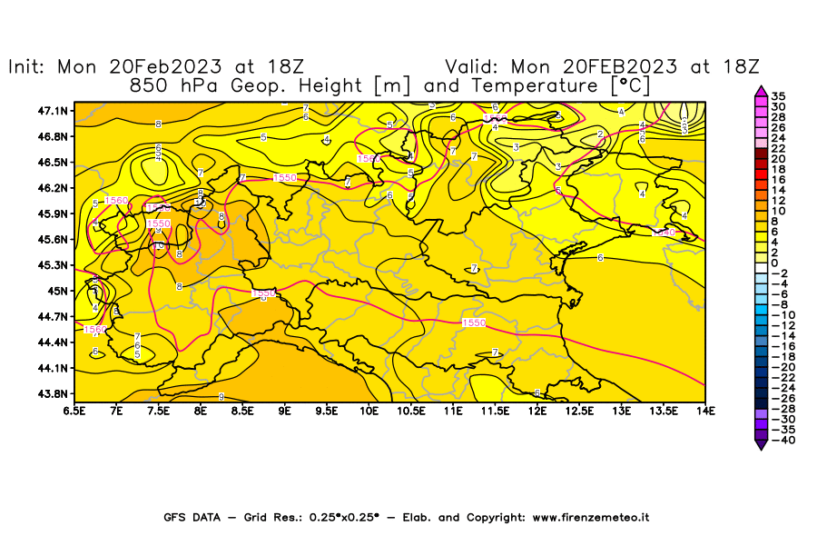 Mappa di analisi GFS - Geopotenziale [m] e Temperatura [°C] a 850 hPa in Nord-Italia
							del 20/02/2023 18 <!--googleoff: index-->UTC<!--googleon: index-->