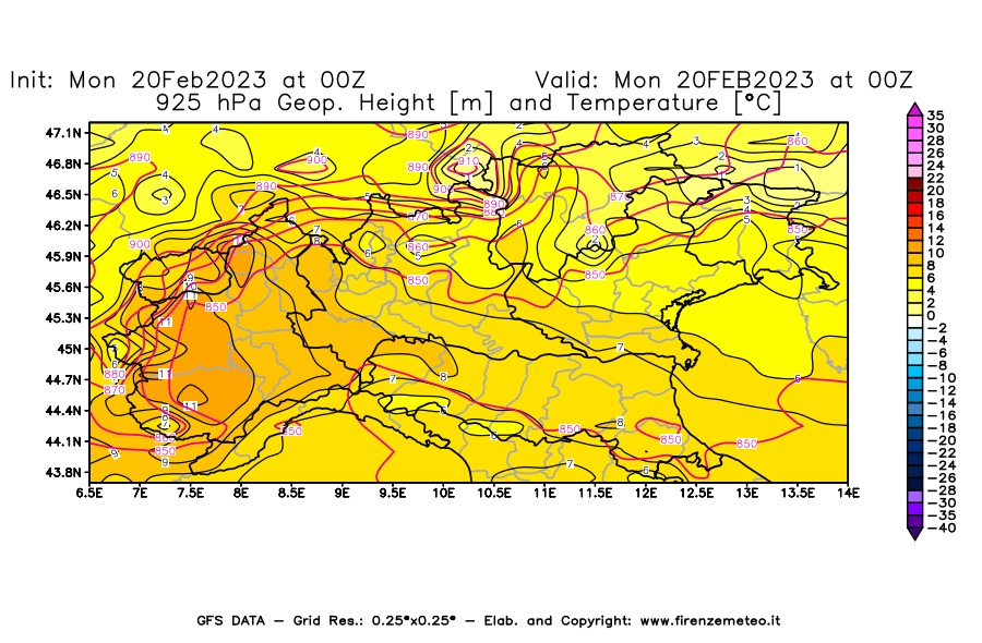 Mappa di analisi GFS - Geopotenziale [m] e Temperatura [°C] a 925 hPa in Nord-Italia
							del 20/02/2023 00 <!--googleoff: index-->UTC<!--googleon: index-->