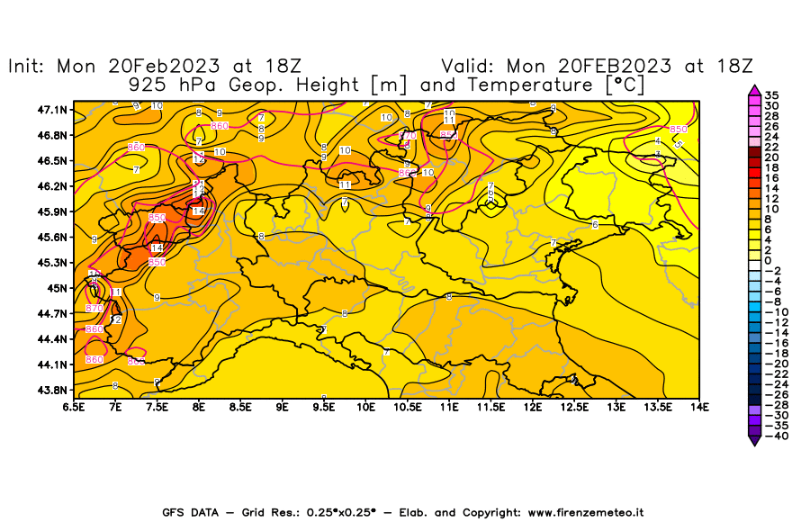 Mappa di analisi GFS - Geopotenziale [m] e Temperatura [°C] a 925 hPa in Nord-Italia
							del 20/02/2023 18 <!--googleoff: index-->UTC<!--googleon: index-->
