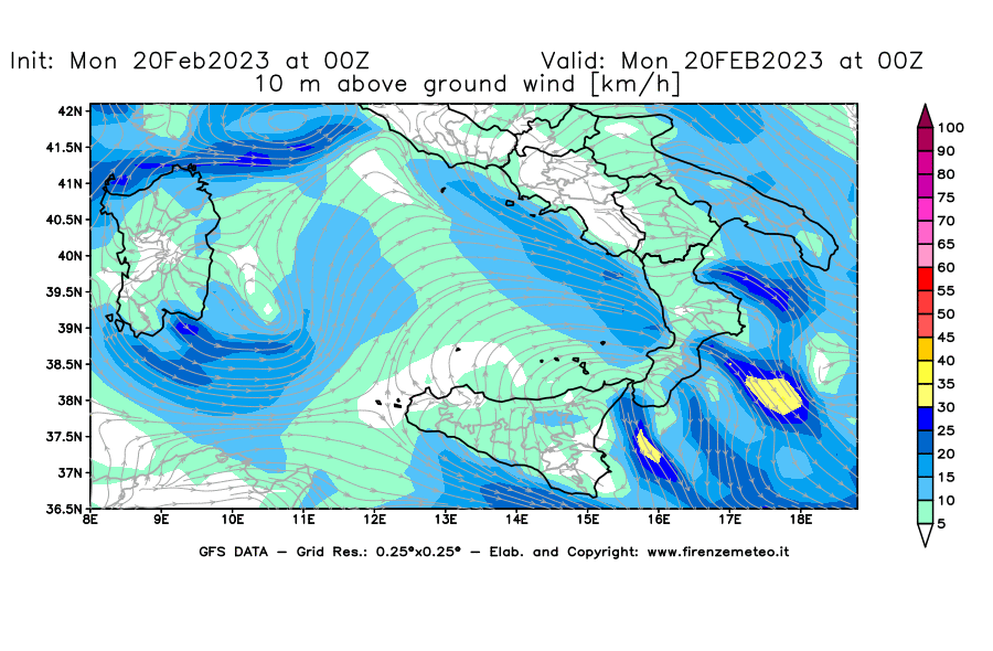 Mappa di analisi GFS - Velocità del vento a 10 metri dal suolo [km/h] in Sud-Italia
							del 20/02/2023 00 <!--googleoff: index-->UTC<!--googleon: index-->