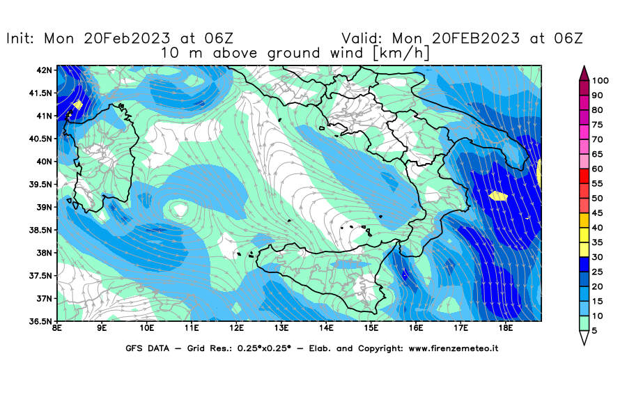 Mappa di analisi GFS - Velocità del vento a 10 metri dal suolo [km/h] in Sud-Italia
							del 20/02/2023 06 <!--googleoff: index-->UTC<!--googleon: index-->