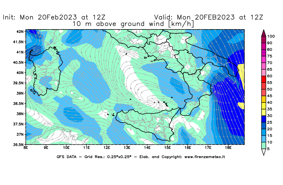 Mappa di analisi GFS - Velocità del vento a 10 metri dal suolo [km/h] in Sud-Italia
							del 20/02/2023 12 <!--googleoff: index-->UTC<!--googleon: index-->