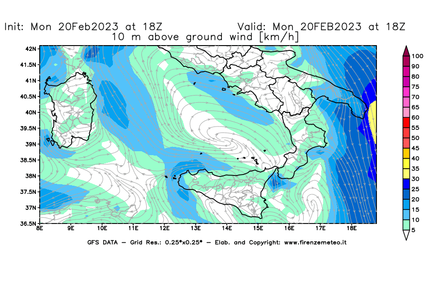 Mappa di analisi GFS - Velocità del vento a 10 metri dal suolo [km/h] in Sud-Italia
							del 20/02/2023 18 <!--googleoff: index-->UTC<!--googleon: index-->