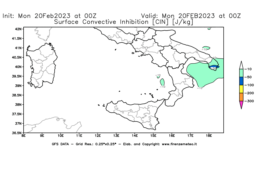 Mappa di analisi GFS - CIN [J/kg] in Sud-Italia
							del 20/02/2023 00 <!--googleoff: index-->UTC<!--googleon: index-->