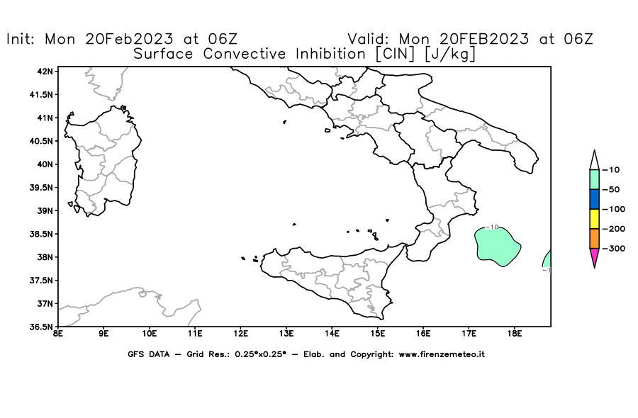 Mappa di analisi GFS - CIN [J/kg] in Sud-Italia
							del 20/02/2023 06 <!--googleoff: index-->UTC<!--googleon: index-->