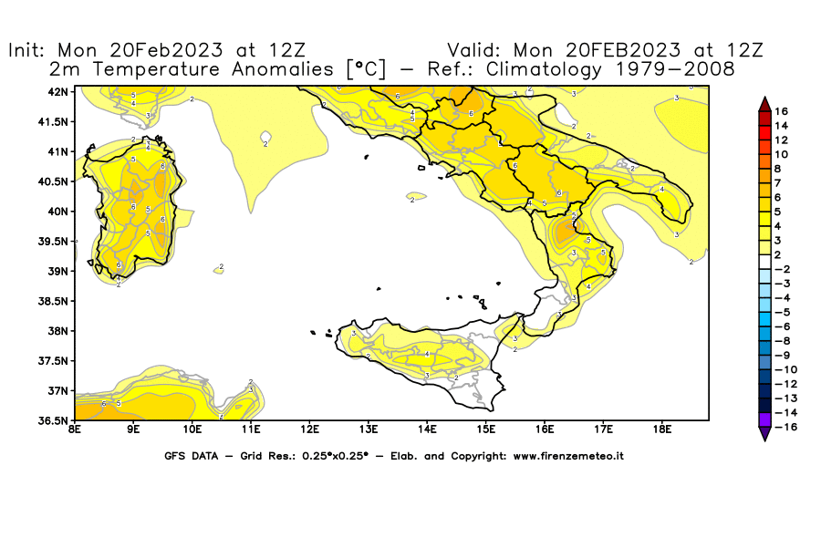 Mappa di analisi GFS - Anomalia Temperatura [°C] a 2 m in Sud-Italia
							del 20/02/2023 12 <!--googleoff: index-->UTC<!--googleon: index-->