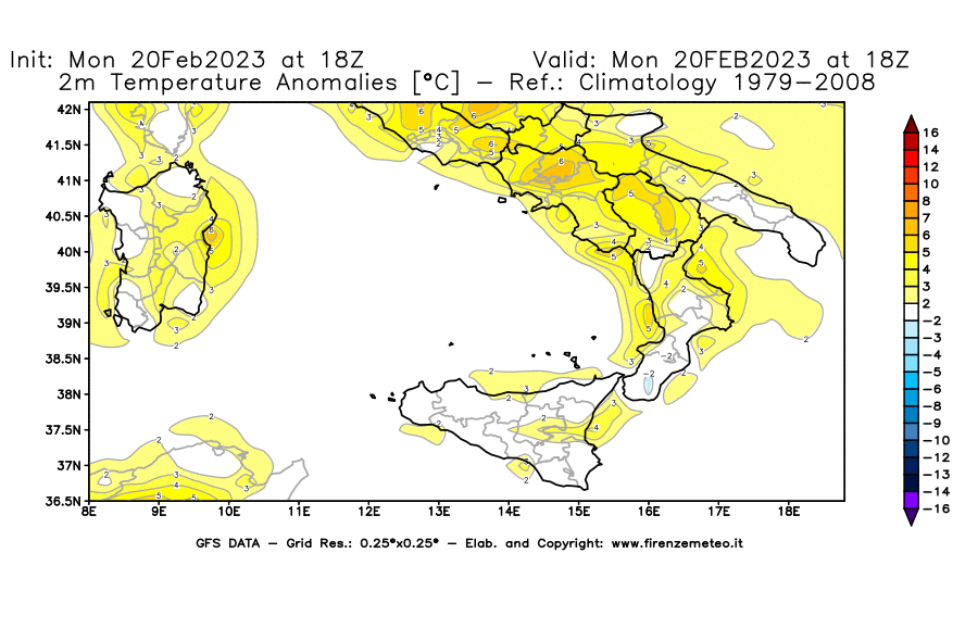 Mappa di analisi GFS - Anomalia Temperatura [°C] a 2 m in Sud-Italia
							del 20/02/2023 18 <!--googleoff: index-->UTC<!--googleon: index-->