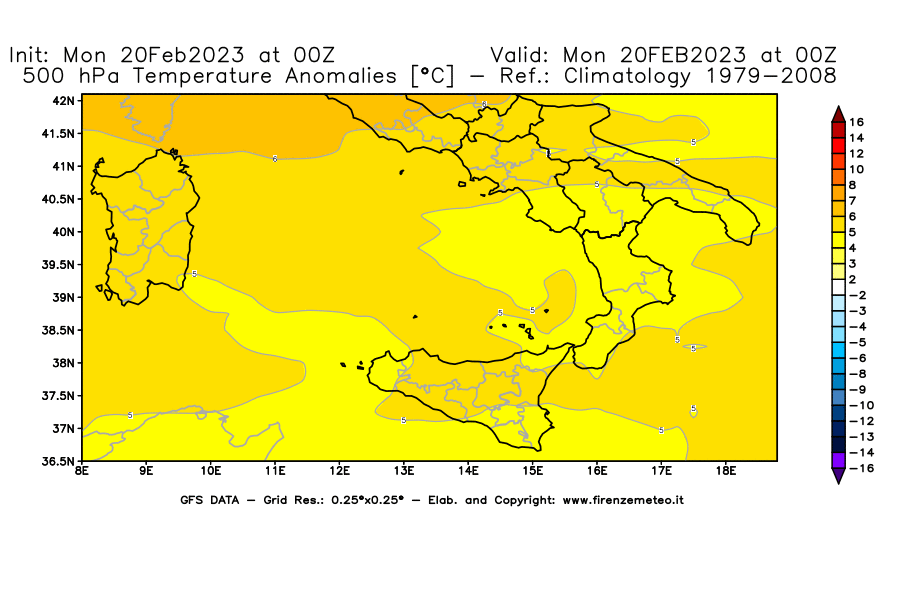 Mappa di analisi GFS - Anomalia Temperatura [°C] a 500 hPa in Sud-Italia
							del 20/02/2023 00 <!--googleoff: index-->UTC<!--googleon: index-->