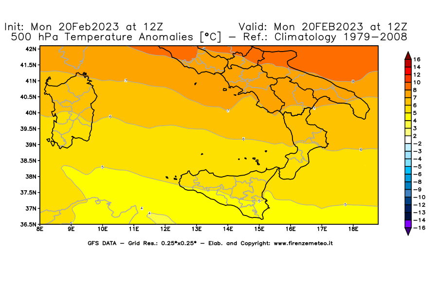 Mappa di analisi GFS - Anomalia Temperatura [°C] a 500 hPa in Sud-Italia
							del 20/02/2023 12 <!--googleoff: index-->UTC<!--googleon: index-->