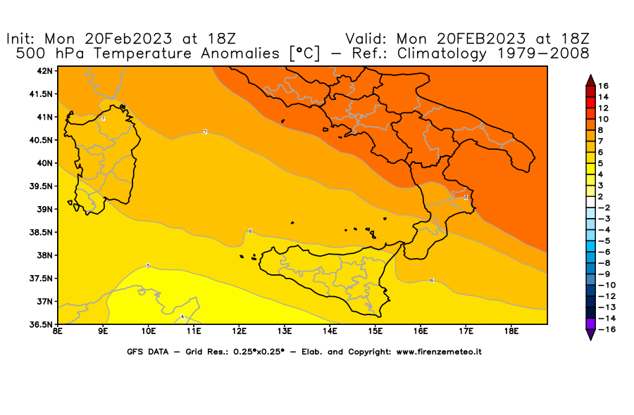 Mappa di analisi GFS - Anomalia Temperatura [°C] a 500 hPa in Sud-Italia
							del 20/02/2023 18 <!--googleoff: index-->UTC<!--googleon: index-->