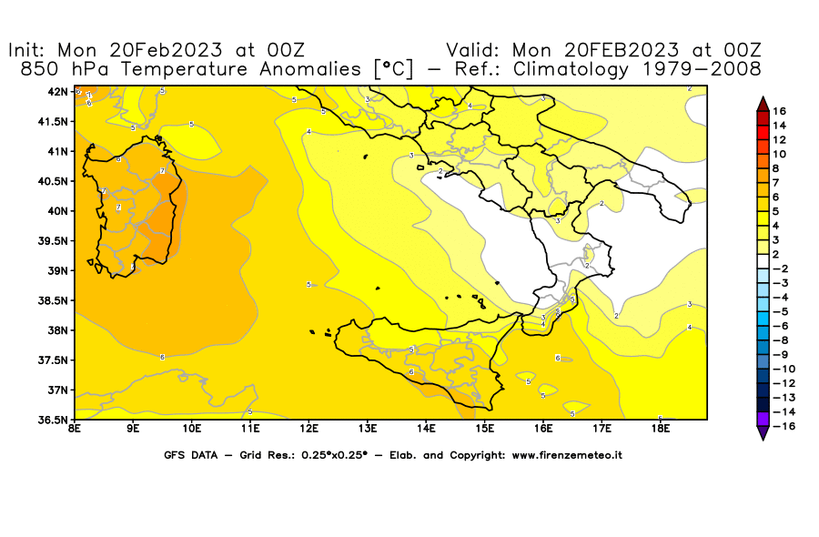 Mappa di analisi GFS - Anomalia Temperatura [°C] a 850 hPa in Sud-Italia
							del 20/02/2023 00 <!--googleoff: index-->UTC<!--googleon: index-->