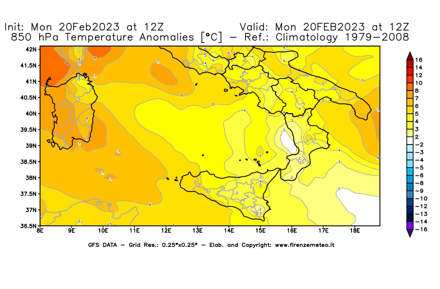 Mappa di analisi GFS - Anomalia Temperatura [°C] a 850 hPa in Sud-Italia
							del 20/02/2023 12 <!--googleoff: index-->UTC<!--googleon: index-->