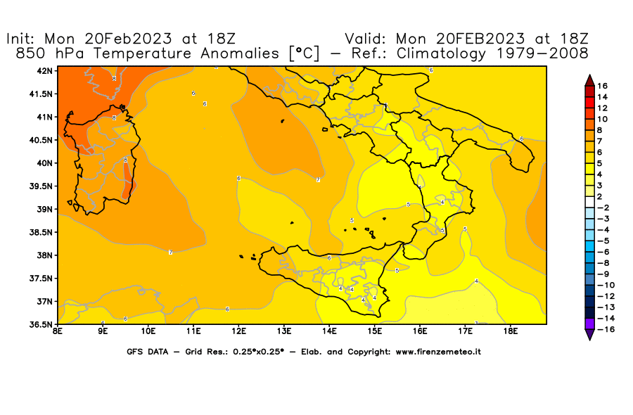 Mappa di analisi GFS - Anomalia Temperatura [°C] a 850 hPa in Sud-Italia
							del 20/02/2023 18 <!--googleoff: index-->UTC<!--googleon: index-->