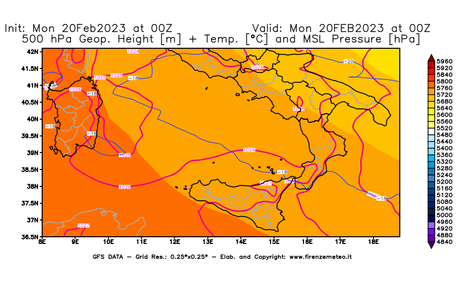 Mappa di analisi GFS - Geopotenziale [m] + Temp. [°C] a 500 hPa + Press. a livello del mare [hPa] in Sud-Italia
							del 20/02/2023 00 <!--googleoff: index-->UTC<!--googleon: index-->