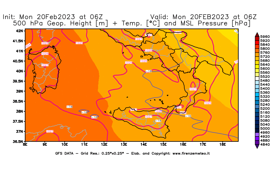 Mappa di analisi GFS - Geopotenziale [m] + Temp. [°C] a 500 hPa + Press. a livello del mare [hPa] in Sud-Italia
							del 20/02/2023 06 <!--googleoff: index-->UTC<!--googleon: index-->