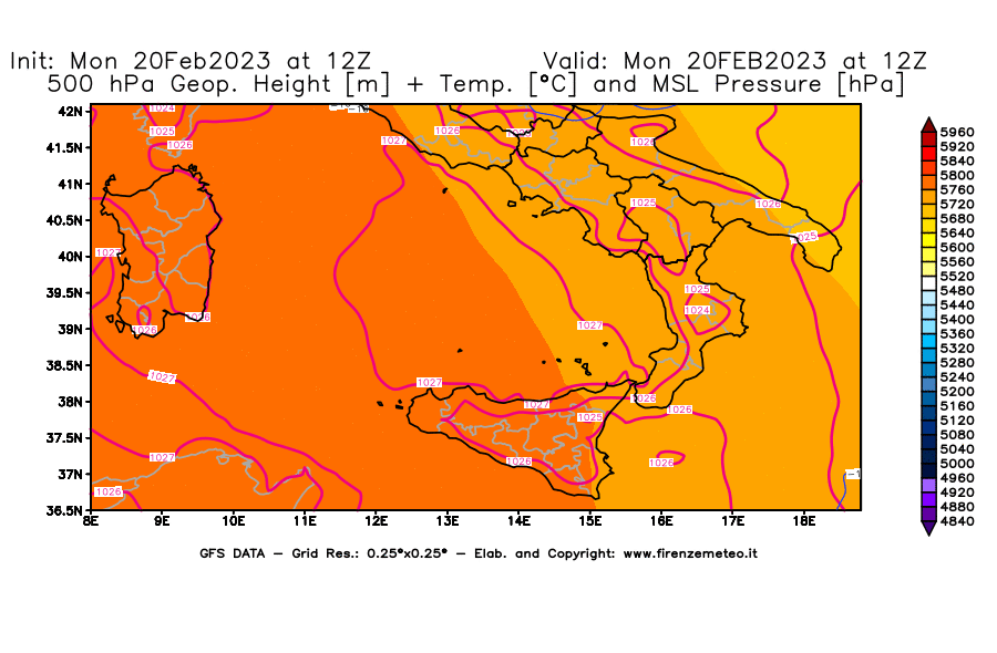 Mappa di analisi GFS - Geopotenziale [m] + Temp. [°C] a 500 hPa + Press. a livello del mare [hPa] in Sud-Italia
							del 20/02/2023 12 <!--googleoff: index-->UTC<!--googleon: index-->