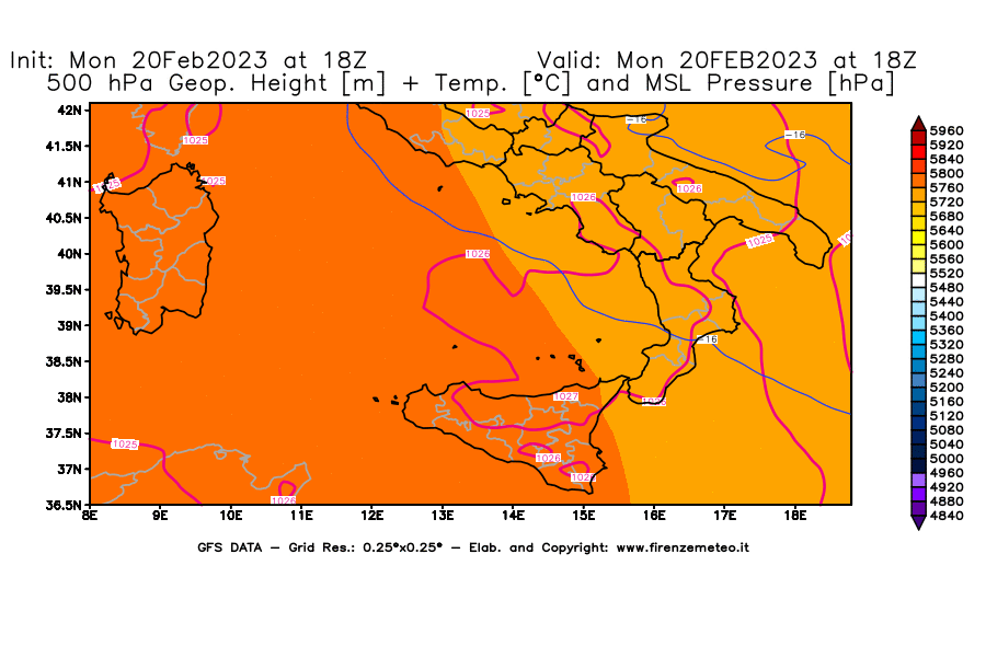 Mappa di analisi GFS - Geopotenziale [m] + Temp. [°C] a 500 hPa + Press. a livello del mare [hPa] in Sud-Italia
							del 20/02/2023 18 <!--googleoff: index-->UTC<!--googleon: index-->