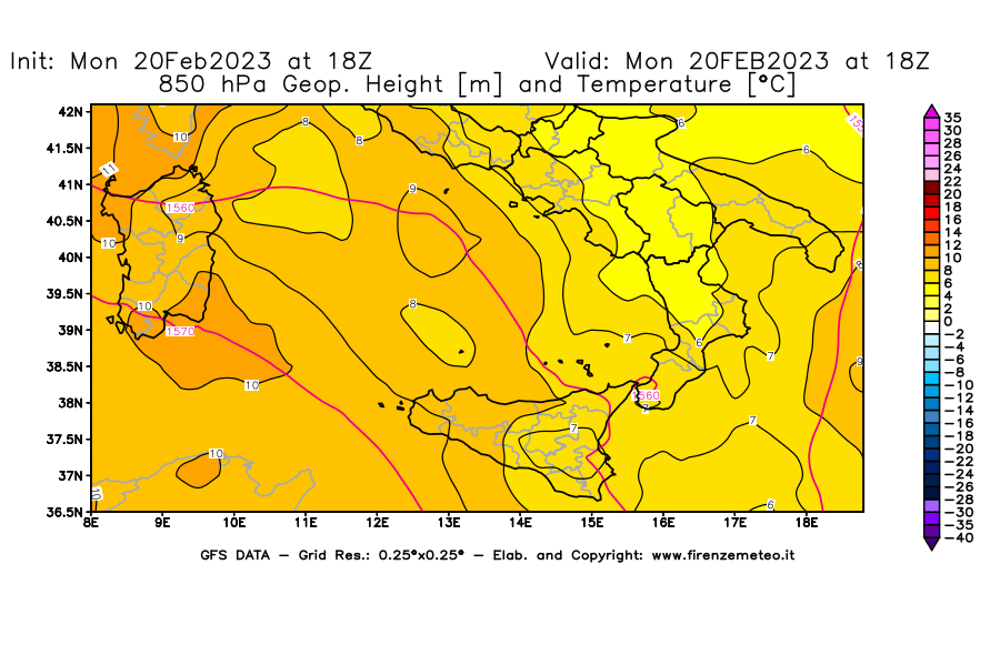 Mappa di analisi GFS - Geopotenziale [m] e Temperatura [°C] a 850 hPa in Sud-Italia
							del 20/02/2023 18 <!--googleoff: index-->UTC<!--googleon: index-->