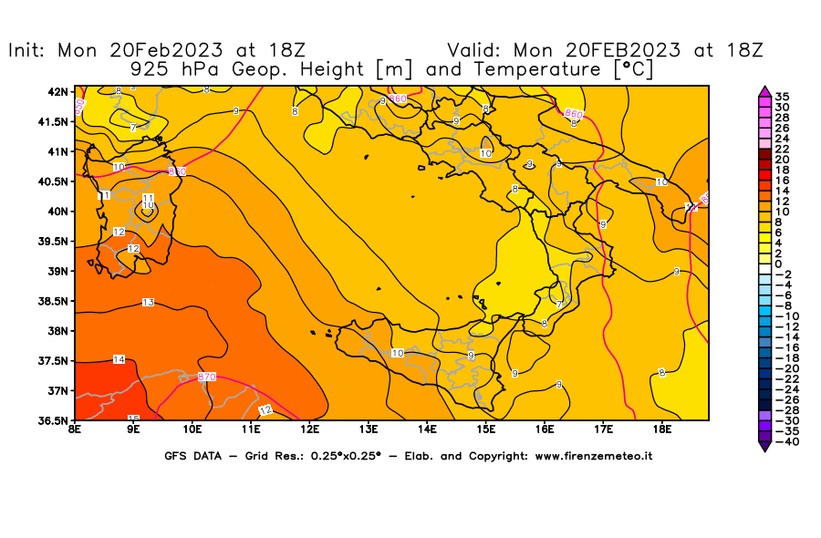 Mappa di analisi GFS - Geopotenziale [m] e Temperatura [°C] a 925 hPa in Sud-Italia
							del 20/02/2023 18 <!--googleoff: index-->UTC<!--googleon: index-->