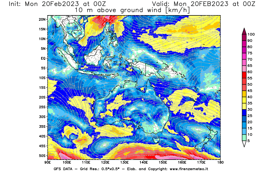 Mappa di analisi GFS - Velocità del vento a 10 metri dal suolo [km/h] in Oceania
							del 20/02/2023 00 <!--googleoff: index-->UTC<!--googleon: index-->