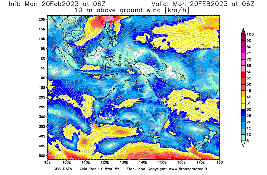 Mappa di analisi GFS - Velocità del vento a 10 metri dal suolo [km/h] in Oceania
							del 20/02/2023 06 <!--googleoff: index-->UTC<!--googleon: index-->