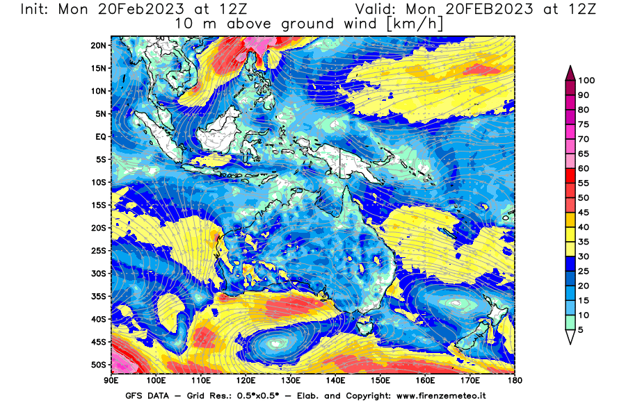 Mappa di analisi GFS - Velocità del vento a 10 metri dal suolo [km/h] in Oceania
							del 20/02/2023 12 <!--googleoff: index-->UTC<!--googleon: index-->
