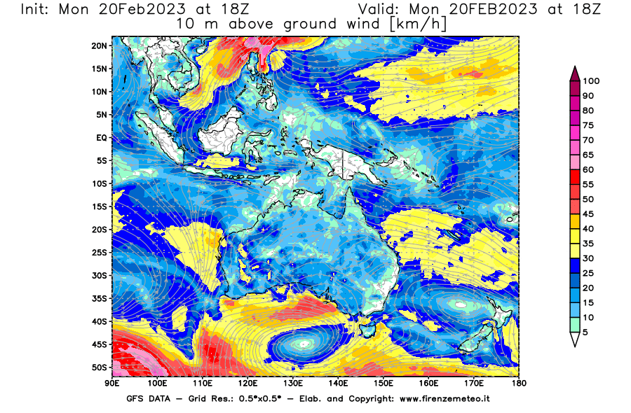 Mappa di analisi GFS - Velocità del vento a 10 metri dal suolo [km/h] in Oceania
							del 20/02/2023 18 <!--googleoff: index-->UTC<!--googleon: index-->