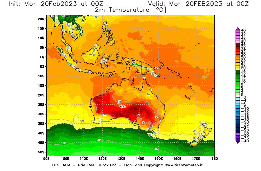 Mappa di analisi GFS - Temperatura a 2 metri dal suolo [°C] in Oceania
							del 20/02/2023 00 <!--googleoff: index-->UTC<!--googleon: index-->