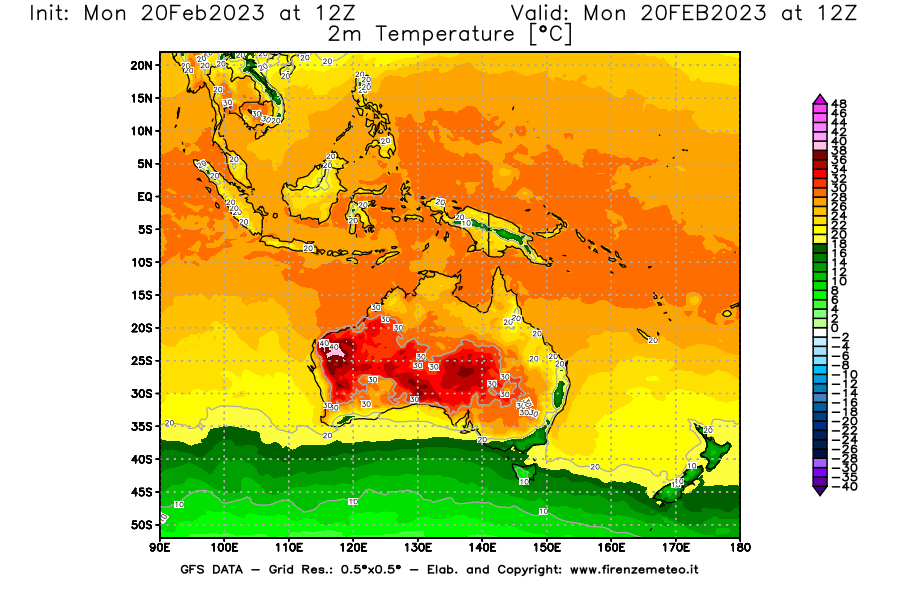 Mappa di analisi GFS - Temperatura a 2 metri dal suolo [°C] in Oceania
							del 20/02/2023 12 <!--googleoff: index-->UTC<!--googleon: index-->