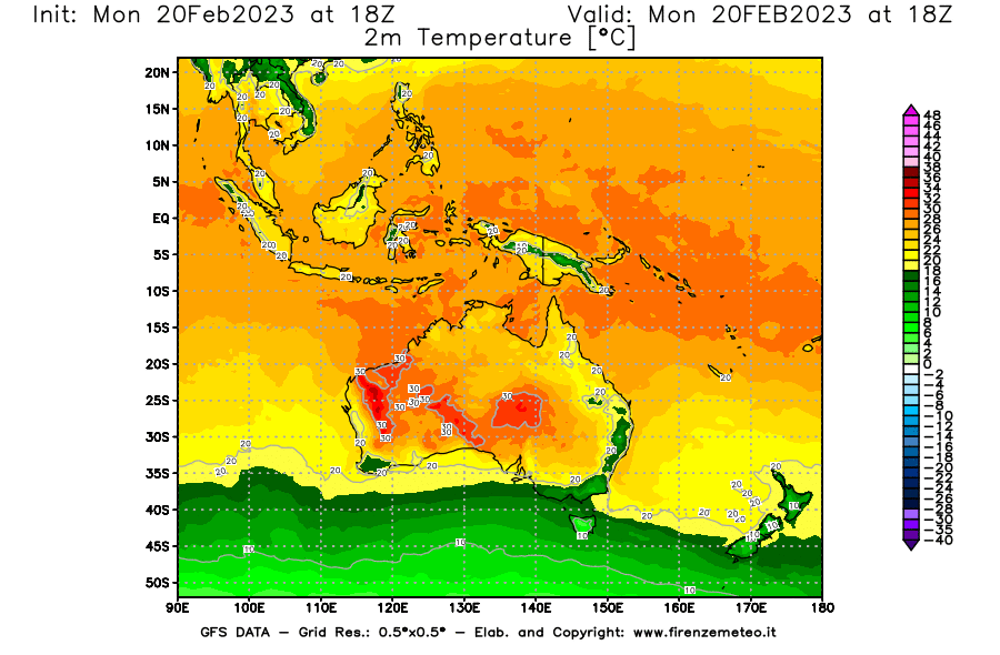 Mappa di analisi GFS - Temperatura a 2 metri dal suolo [°C] in Oceania
							del 20/02/2023 18 <!--googleoff: index-->UTC<!--googleon: index-->