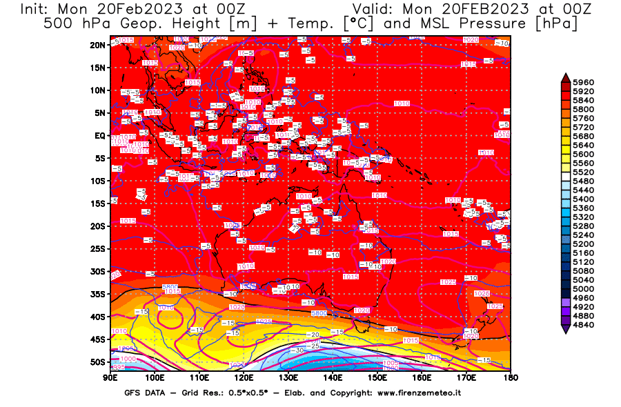 Mappa di analisi GFS - Geopotenziale [m] + Temp. [°C] a 500 hPa + Press. a livello del mare [hPa] in Oceania
							del 20/02/2023 00 <!--googleoff: index-->UTC<!--googleon: index-->