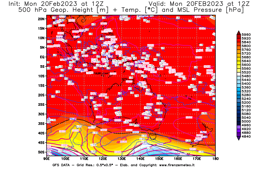 Mappa di analisi GFS - Geopotenziale [m] + Temp. [°C] a 500 hPa + Press. a livello del mare [hPa] in Oceania
							del 20/02/2023 12 <!--googleoff: index-->UTC<!--googleon: index-->