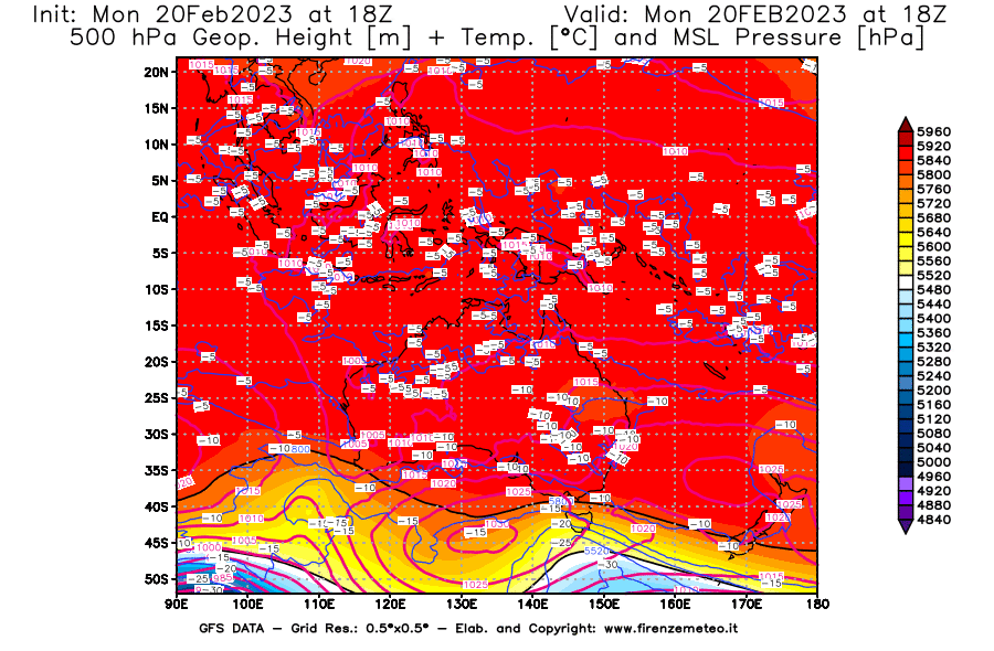 Mappa di analisi GFS - Geopotenziale [m] + Temp. [°C] a 500 hPa + Press. a livello del mare [hPa] in Oceania
							del 20/02/2023 18 <!--googleoff: index-->UTC<!--googleon: index-->