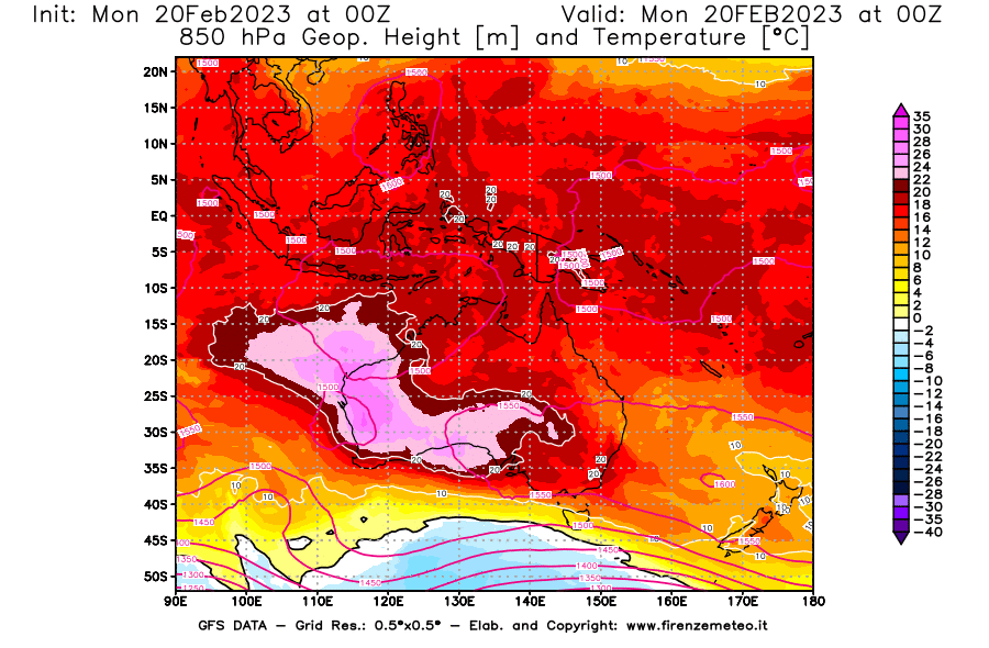 Mappa di analisi GFS - Geopotenziale [m] e Temperatura [°C] a 850 hPa in Oceania
							del 20/02/2023 00 <!--googleoff: index-->UTC<!--googleon: index-->