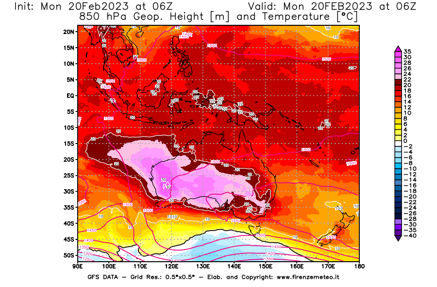 Mappa di analisi GFS - Geopotenziale [m] e Temperatura [°C] a 850 hPa in Oceania
							del 20/02/2023 06 <!--googleoff: index-->UTC<!--googleon: index-->