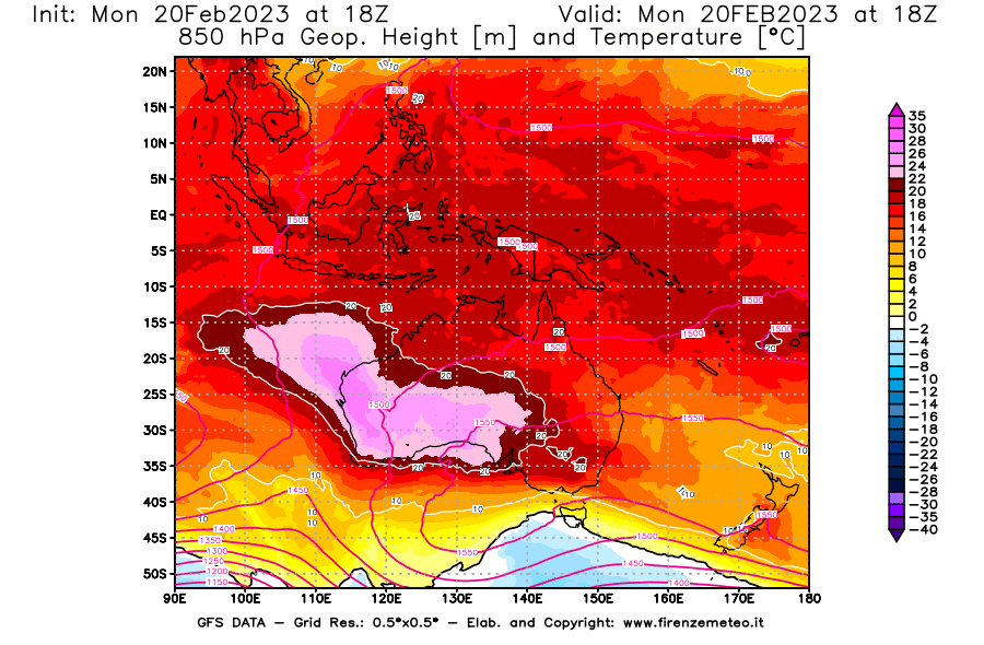 Mappa di analisi GFS - Geopotenziale [m] e Temperatura [°C] a 850 hPa in Oceania
							del 20/02/2023 18 <!--googleoff: index-->UTC<!--googleon: index-->