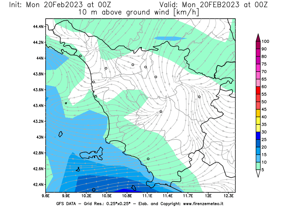 Mappa di analisi GFS - Velocità del vento a 10 metri dal suolo [km/h] in Toscana
							del 20/02/2023 00 <!--googleoff: index-->UTC<!--googleon: index-->