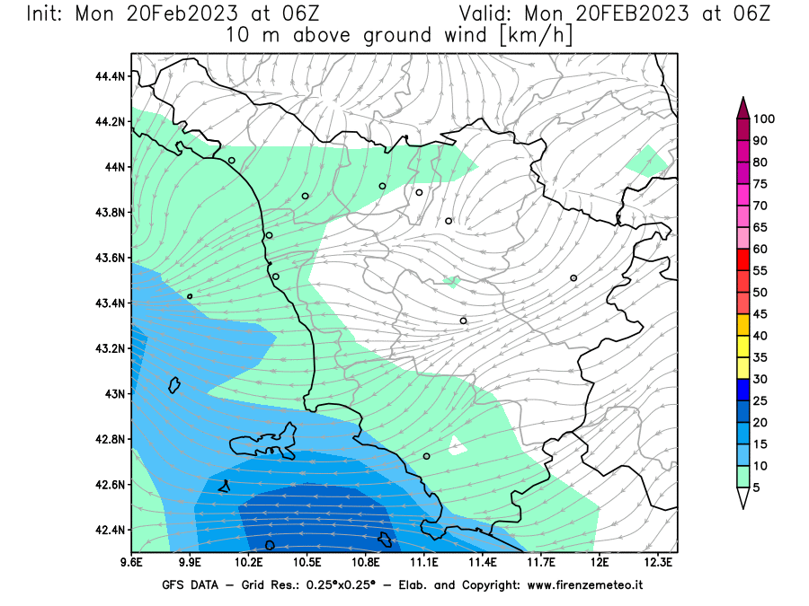 Mappa di analisi GFS - Velocità del vento a 10 metri dal suolo [km/h] in Toscana
							del 20/02/2023 06 <!--googleoff: index-->UTC<!--googleon: index-->