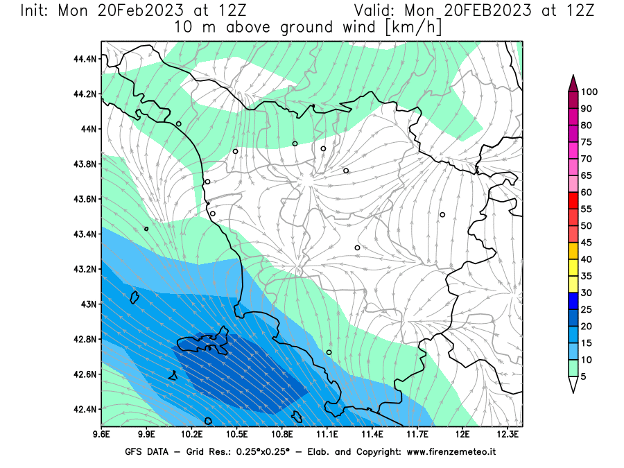 Mappa di analisi GFS - Velocità del vento a 10 metri dal suolo [km/h] in Toscana
							del 20/02/2023 12 <!--googleoff: index-->UTC<!--googleon: index-->