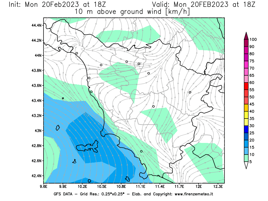 Mappa di analisi GFS - Velocità del vento a 10 metri dal suolo [km/h] in Toscana
							del 20/02/2023 18 <!--googleoff: index-->UTC<!--googleon: index-->