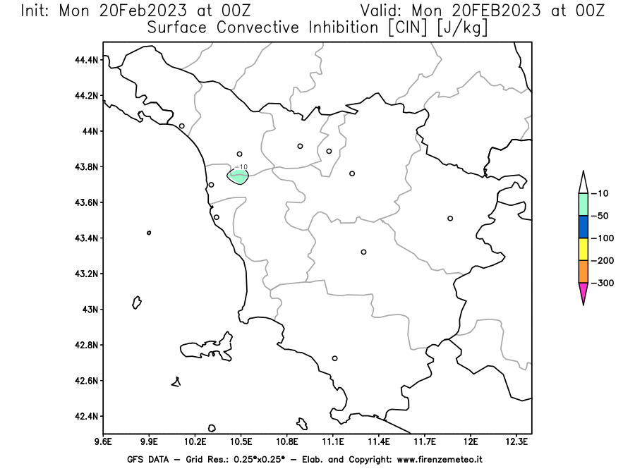 Mappa di analisi GFS - CIN [J/kg] in Toscana
							del 20/02/2023 00 <!--googleoff: index-->UTC<!--googleon: index-->