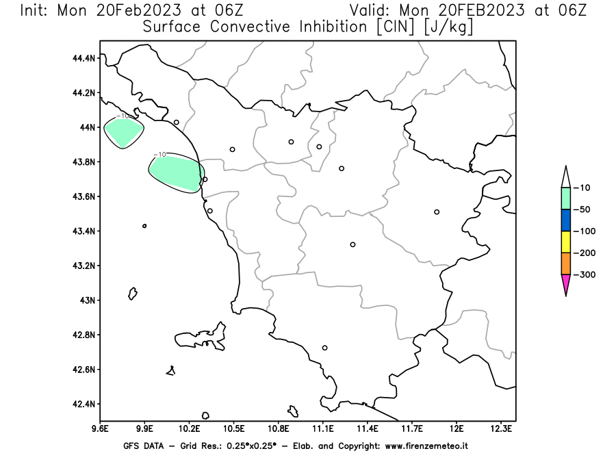 Mappa di analisi GFS - CIN [J/kg] in Toscana
							del 20/02/2023 06 <!--googleoff: index-->UTC<!--googleon: index-->