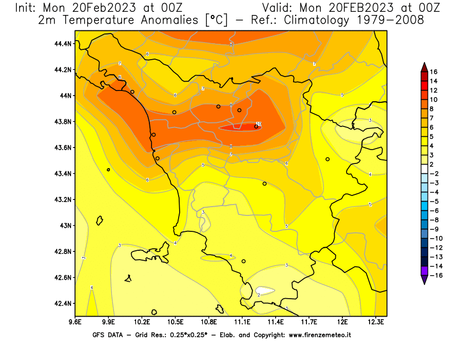 Mappa di analisi GFS - Anomalia Temperatura [°C] a 2 m in Toscana
							del 20/02/2023 00 <!--googleoff: index-->UTC<!--googleon: index-->