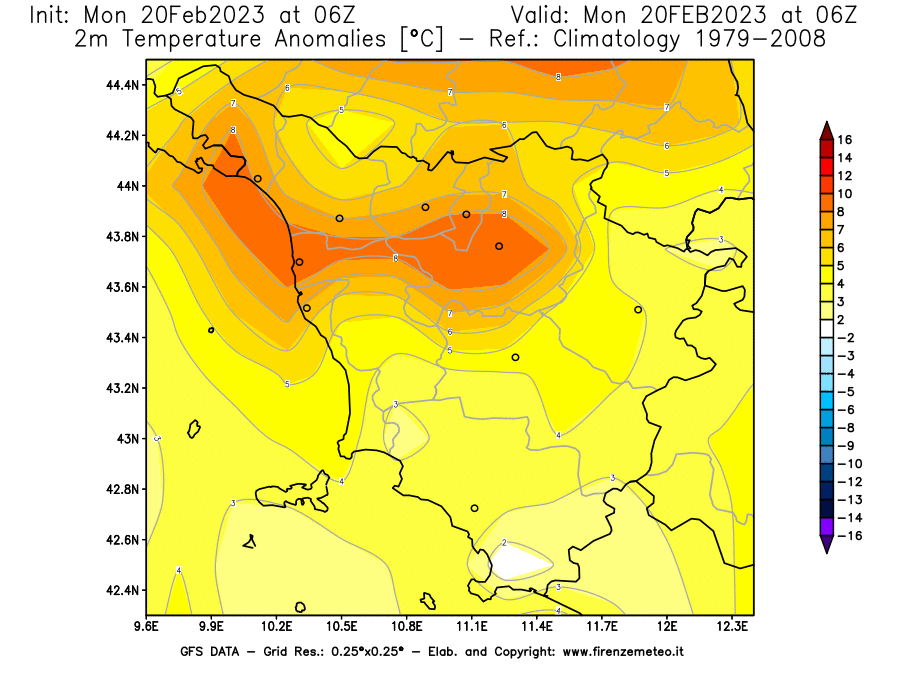 Mappa di analisi GFS - Anomalia Temperatura [°C] a 2 m in Toscana
							del 20/02/2023 06 <!--googleoff: index-->UTC<!--googleon: index-->